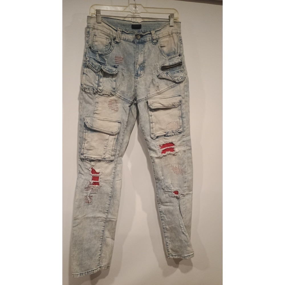 Reason Cargo Jeans Mens 32 Light Wash Distressed Red Underlay Streetwear